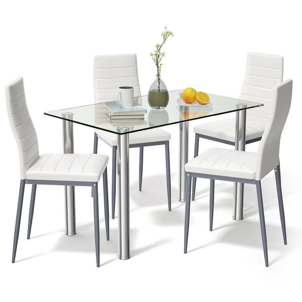 Dining Set Table 29.6'' and 4 Chairs Glass Metal Kitchen White