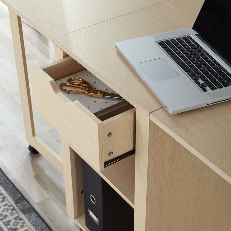 Adjustable Rolling Office Desk with Shelves, Birch Finish