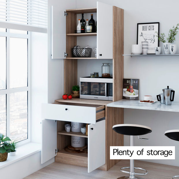 Pantry Kitchen Storage Cabinet with Storage Shelves and Microwave, in White