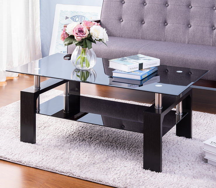 Modern Side Center Table with Shelf & Wood Legs