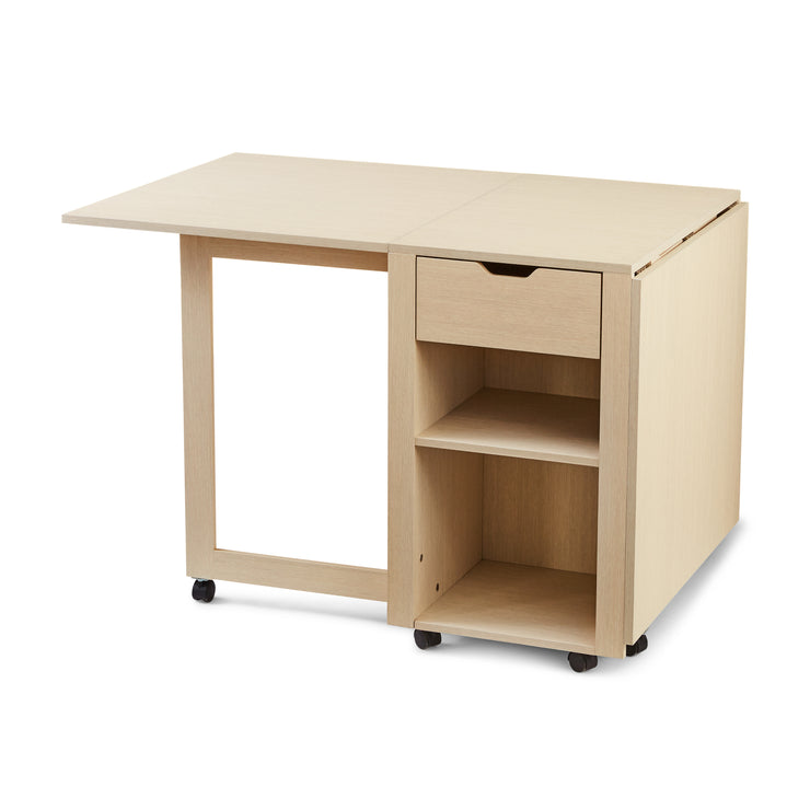 Adjustable Rolling Office Desk with Shelves, Birch Finish