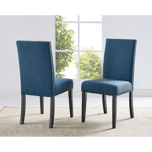 Espresso Wood Dining Set with Blue Fabric Nailhead Chairs