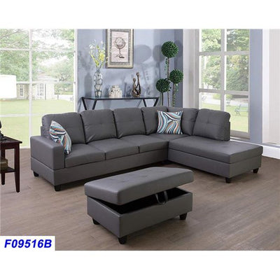 Sofa Set with Ottoman, Faux Leather - Dark Grey