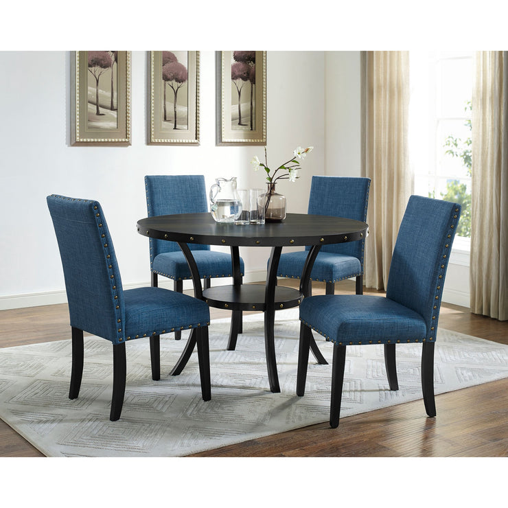 Espresso Wood Dining Set with Blue Fabric Nailhead Chairs