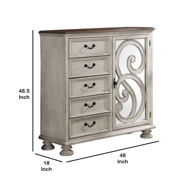 5 Drawer Armoire with Mirror Insert, White