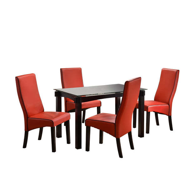 Dining Set(Cappuccino Table With Beveled Glass Top & 4 Red Chairs)