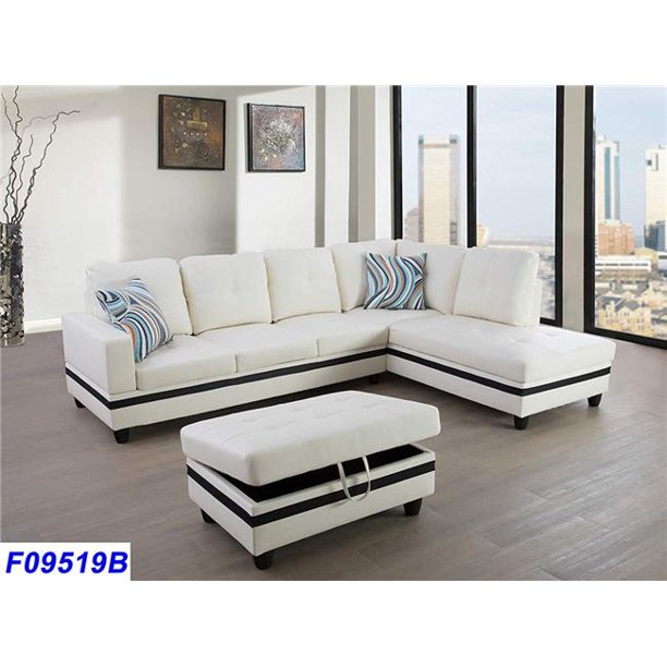 Sofa Set with Ottoman, Faux Leather - White & Black