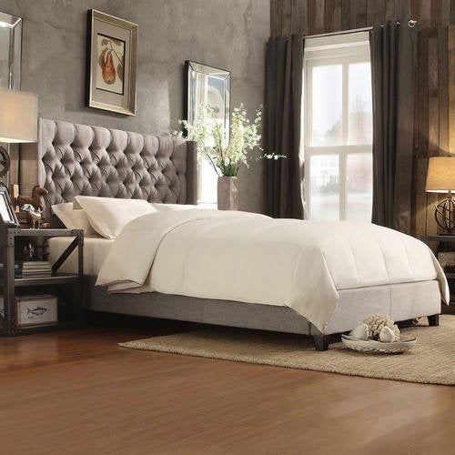 Melford Wingback Tufted Linen Queen Bed, Light Gray