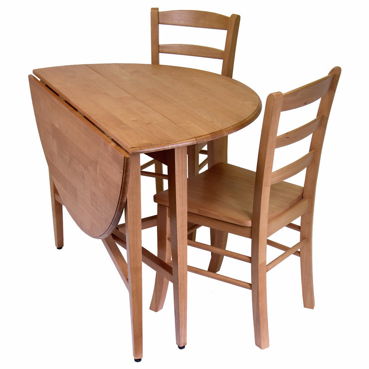 Dining Set, Round Drop Leaf Table & 2 Ladder Back Chairs, Light Oak Finish