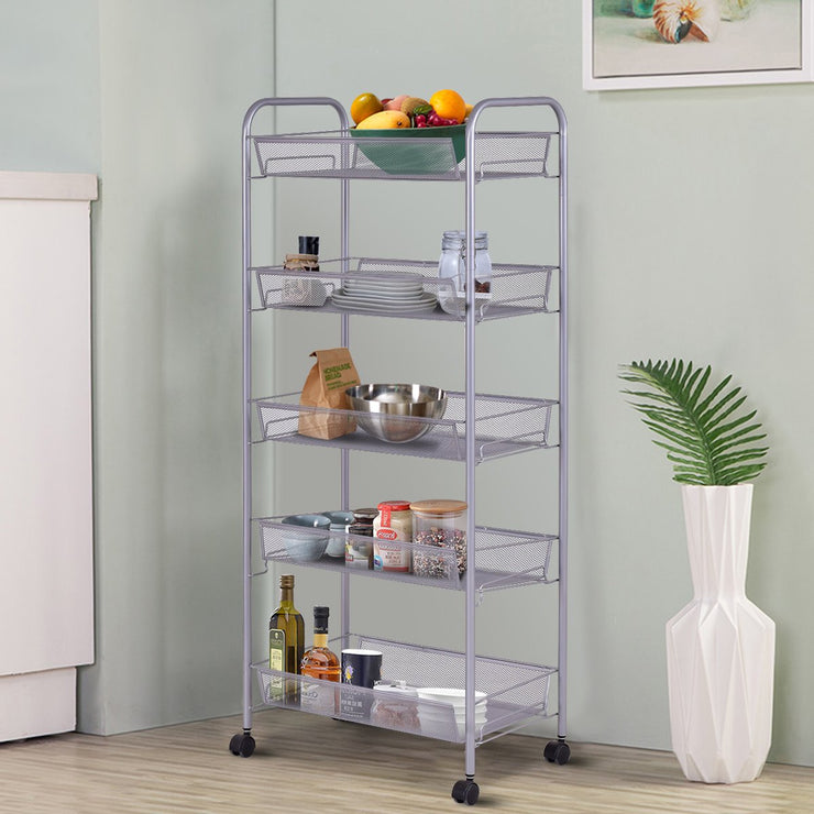 5 Tier Mesh Shelving Rack Shelf Kitchen Pantry Storage Rolling Utility Cart