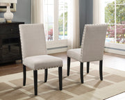 Roundhill Biony Espresso Wood Dining Set with Tan Fabric Nailhead Chairs