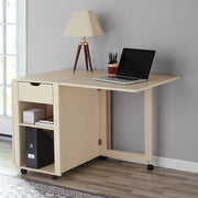 Adjustable Rolling Office Desk with Shelves, Birch Finish