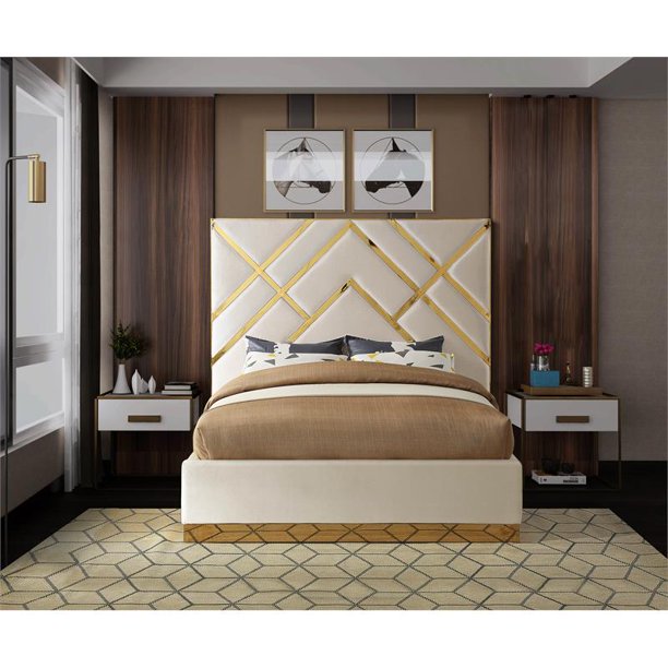 Vector Rich Velvet Queen Bed in Cream