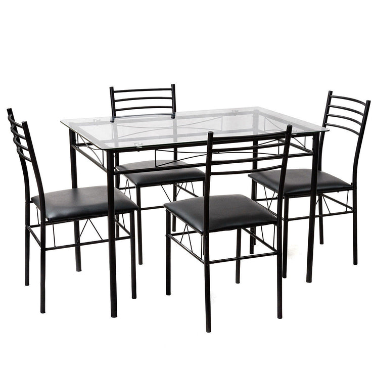 Dining Set Glass Top Table & 4 Upholstered Chairs Kitchen Room Furniture