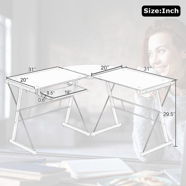 L Shaped Desk Office Computer Glass Corner Desk With Keyboard Tray