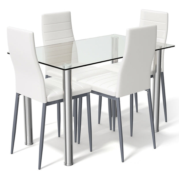 Dining Set Table 29.6'' and 4 Chairs Glass Metal Kitchen White