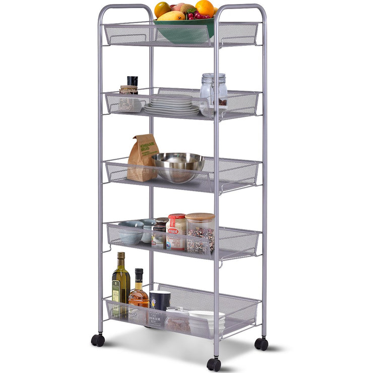 5 Tier Mesh Shelving Rack Shelf Kitchen Pantry Storage Rolling Utility Cart