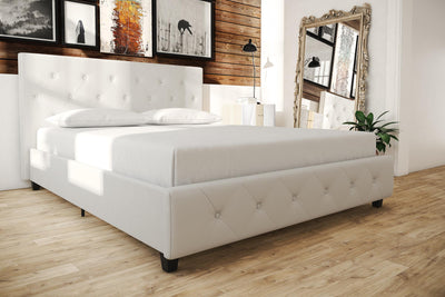 Dakota Upholstered Platform Bed, Queen Size Frame, White