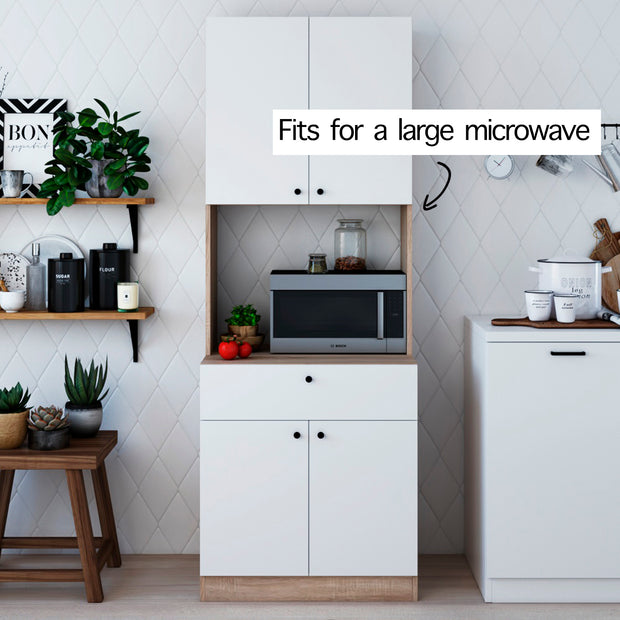 Pantry Kitchen Storage Cabinet with Storage Shelves and Microwave, in White