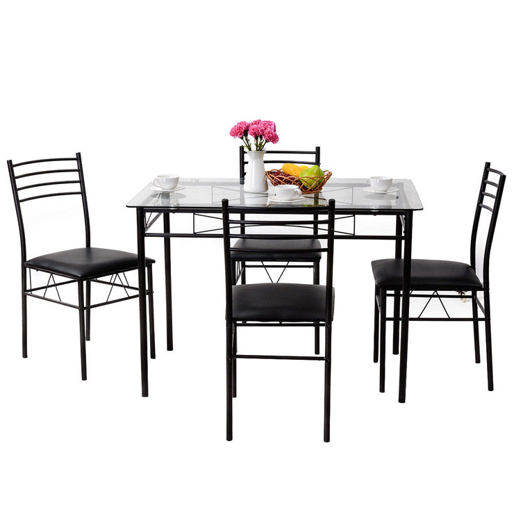 Dining Set Glass Top Table & 4 Upholstered Chairs Kitchen Room Furniture