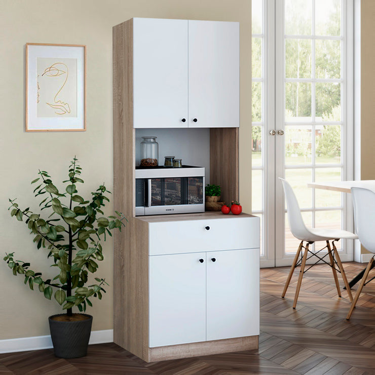 Pantry Kitchen Storage Cabinet with Storage Shelves and Microwave, in White