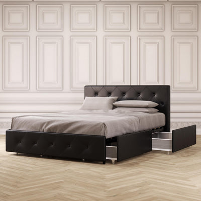 Bed with Storage, Black Faux Leather, Queen