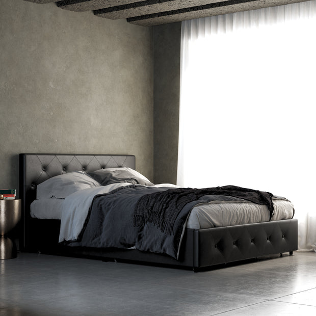 Bed with Storage, Black Faux Leather, Queen