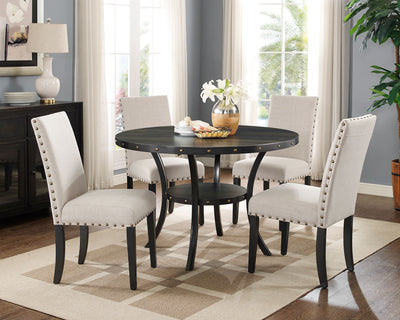 Roundhill Biony Espresso Wood Dining Set with Tan Fabric Nailhead Chairs